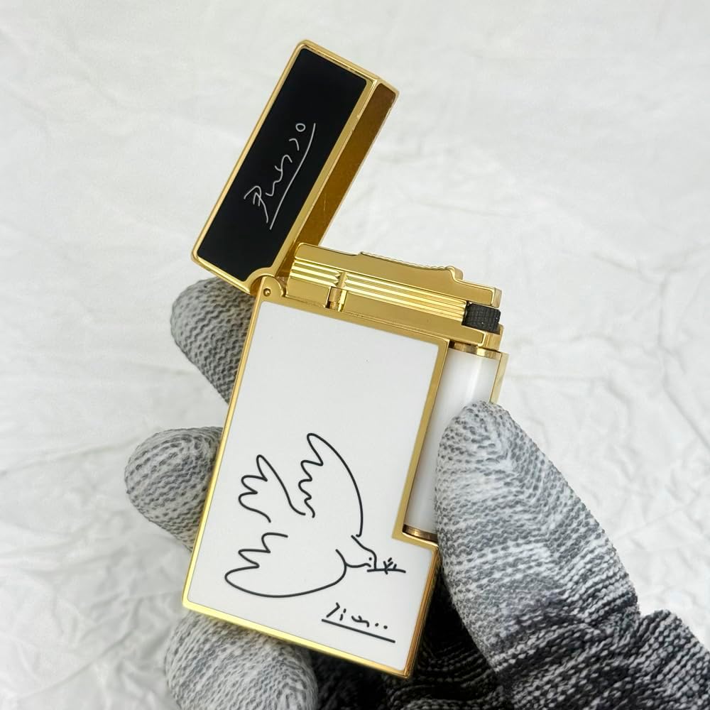 Classic White Lacquer Lighter, with Peace Dove, Clear Sound, Adjustable Soft Flame, Unique Gift for Men Dad Boyfriend Husband Father Friend (White Gold)