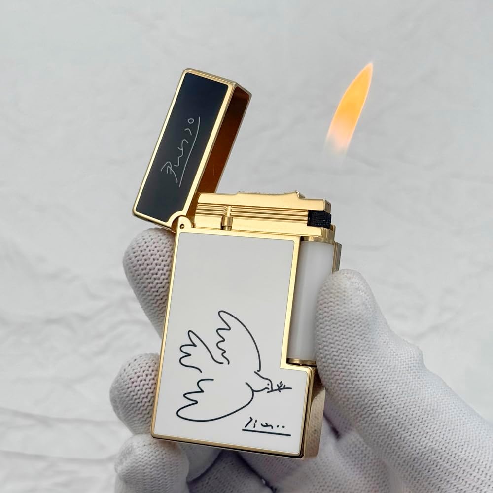 Classic White Lacquer Lighter, with Peace Dove, Clear Sound, Adjustable Soft Flame, Unique Gift for Men Dad Boyfriend Husband Father Friend (White Gold)