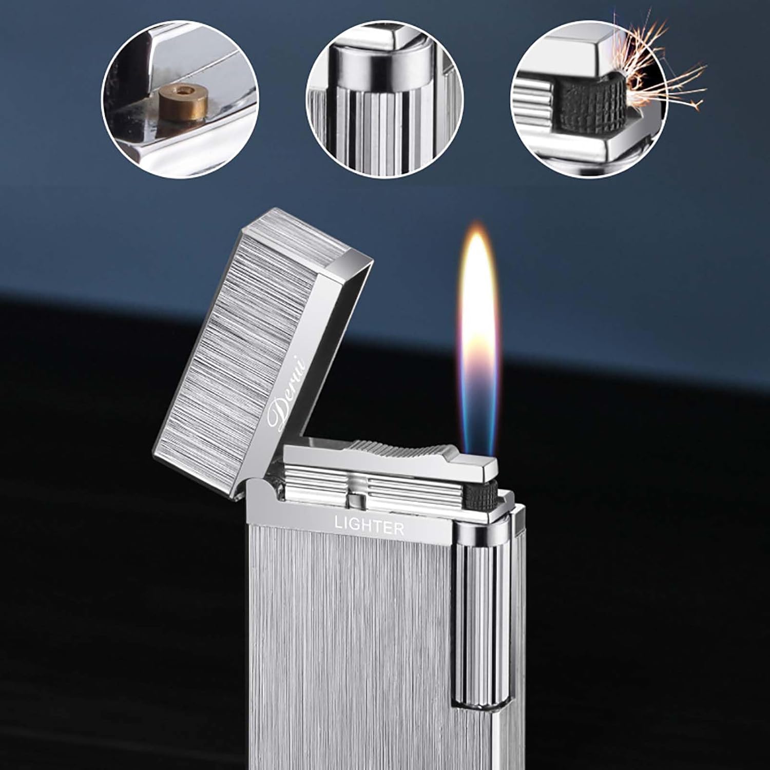 Classic Lighter, Butane Brushed Metal Lighter, Side Slide Lgnition Steel Tone Trench Lighter for Men Dad Husband Collect,Gold