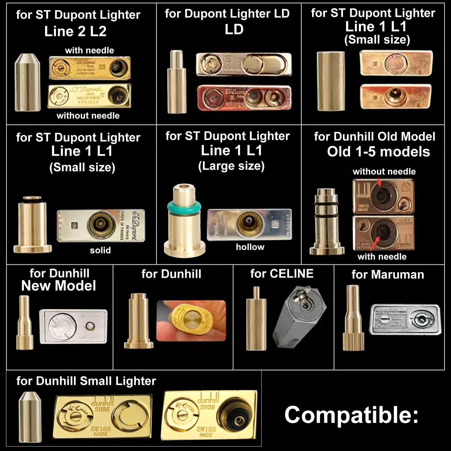 Gas Refill Adapters for ST Dupont/Maruman/Dunhill/Celine Lighter 10 in 1 Kits Yellow Cap