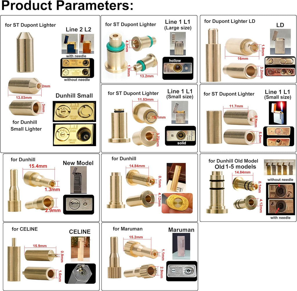 Gas Refill Adapters for ST Dupont/Maruman/Dunhill/Celine Lighter 10 in 1 Kits Yellow Cap