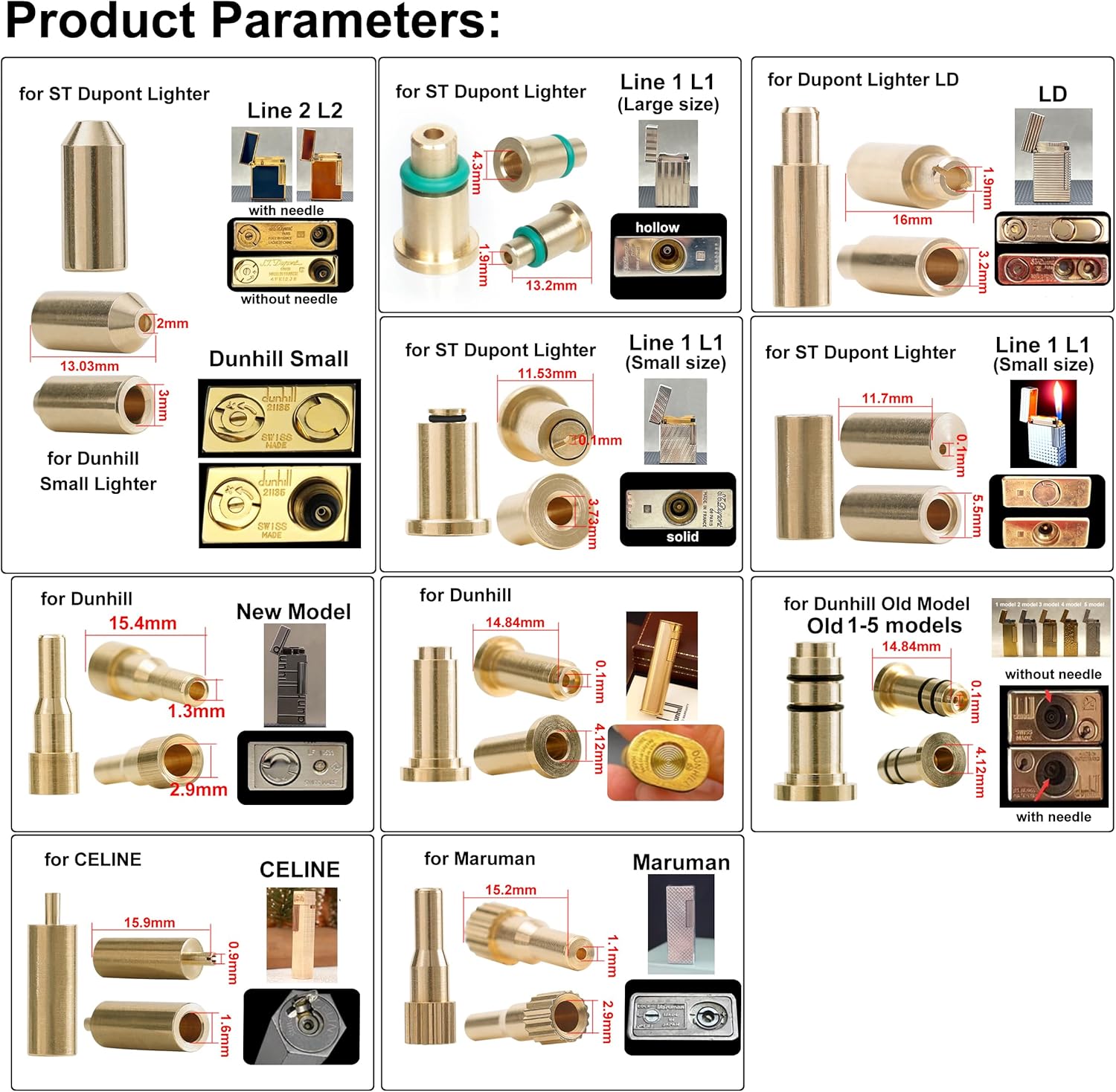 Gas Refill Adapters for ST Dupont/Maruman/Dunhill/Celine Lighter 10 in 1 Kits Yellow Cap