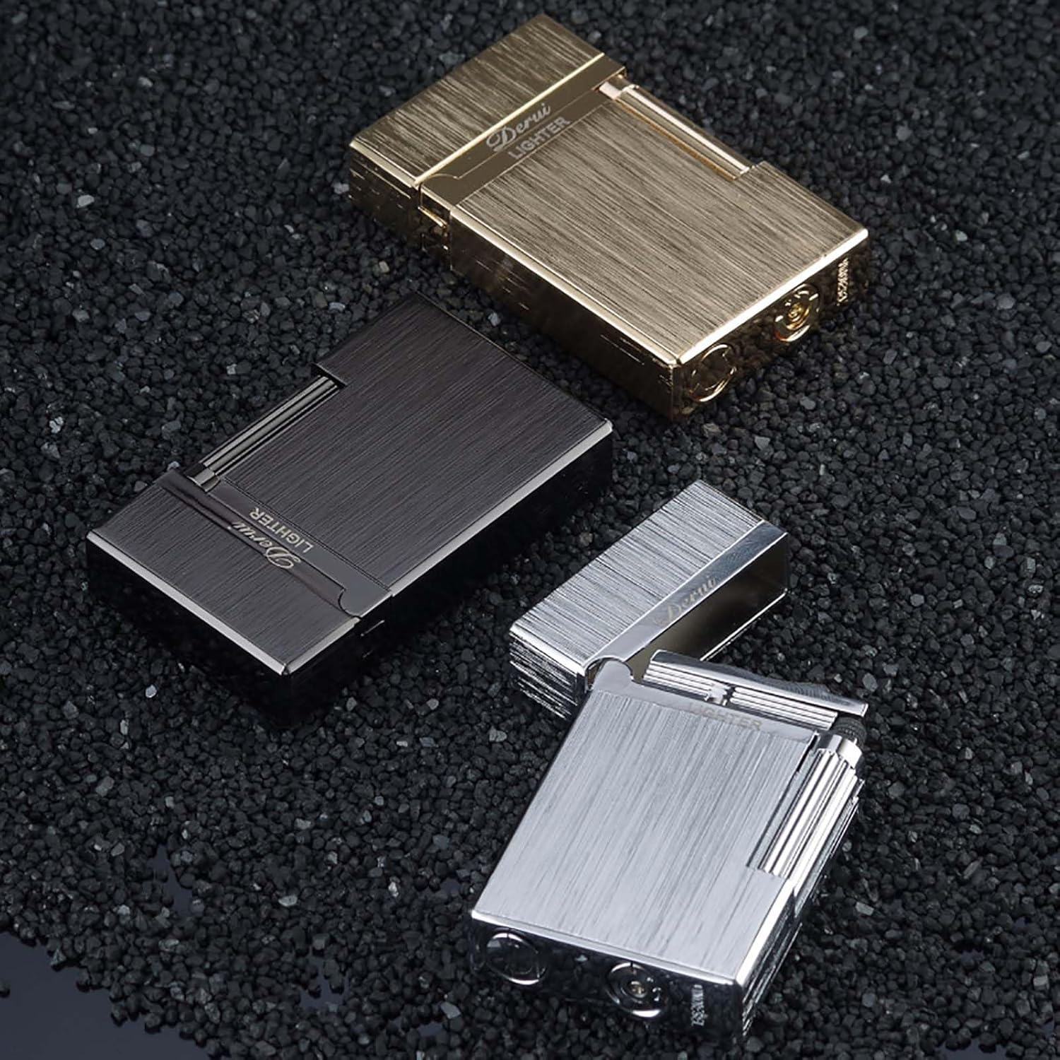Classic Lighter, Butane Brushed Metal Lighter, Side Slide Lgnition Steel Tone Trench Lighter for Men Dad Husband Collect,Gold